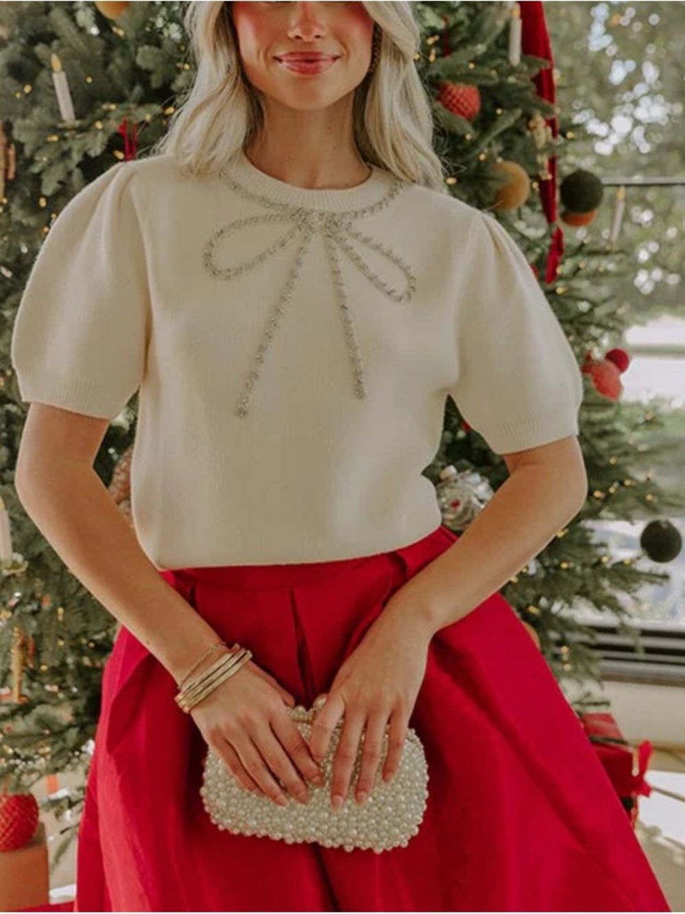 She + Sky Cream Short-sleeved knit Embellished Sweater Top Bow Design Size S